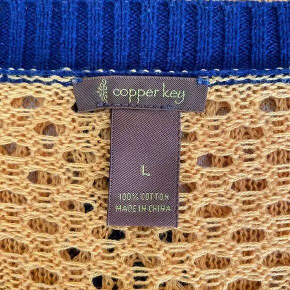 Copper Key L 100% Cotton Blue Gold Argyle Open Crochet 3/4 Sleeve Knit Cardigan - Picture 6 of 7